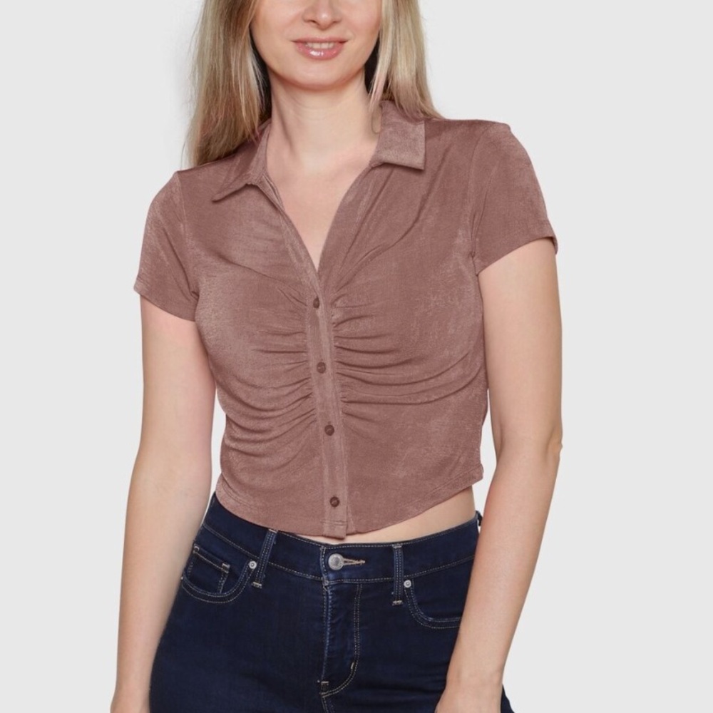 Just Polly Juniors' Ruched-Front Polo Shirt